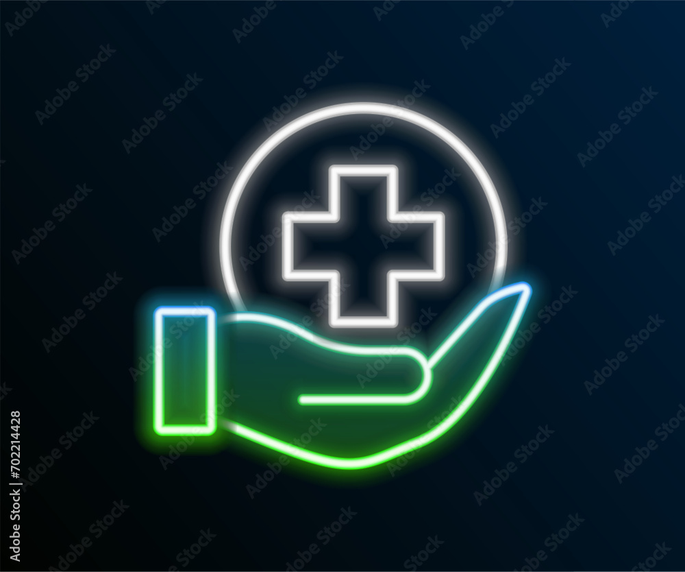 Fototapeta premium Glowing neon line Life insurance icon isolated on black background. Security, safety, protection, protect concept. Colorful outline concept. Vector