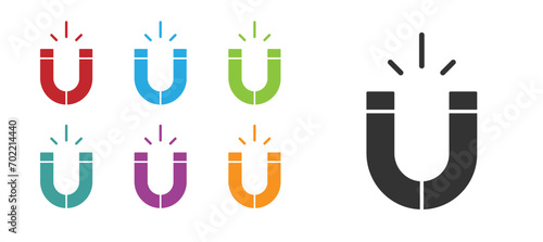Black Magnet icon isolated on white background. Horseshoe magnet, magnetism, magnetize, attraction. Set icons colorful. Vector