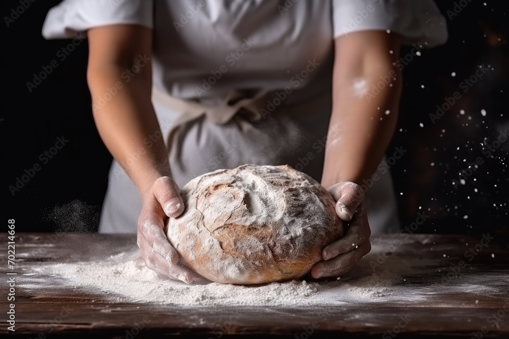 Fototapeta premium Baker is making in oven fresh sourdough bread with mess of flour on table. Generative Ai.