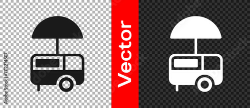 Black Fast street food cart with awning icon isolated on transparent background. Urban kiosk. Ice cream truck.  Vector