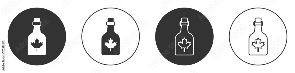 Black Bottle of maple syrup icon isolated on white background. Circle button. Vector