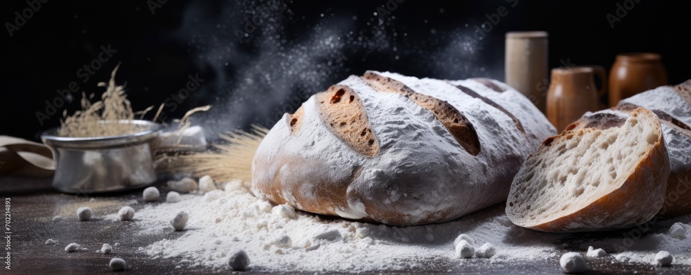 Baker is making in oven fresh sourdough bread with mess of flour, banner panorama. Generative Ai.