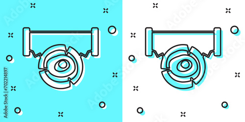 Black line Two-handed saw and log icon isolated on green and white background. Random dynamic shapes. Vector