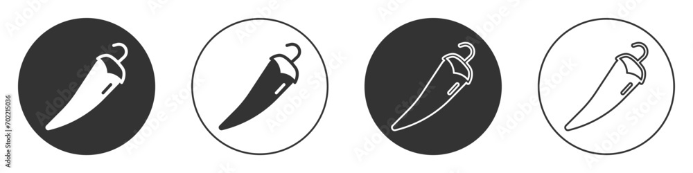 Black Hot chili pepper pod icon isolated on white background. Design for grocery, culinary products, seasoning and spice package, cooking book. Circle button. Vector Black Hot chili pepper pod icon isolated on white background. Design for grocery, culinary products, seasoning and spice package, cooking book. Circle button. Vector