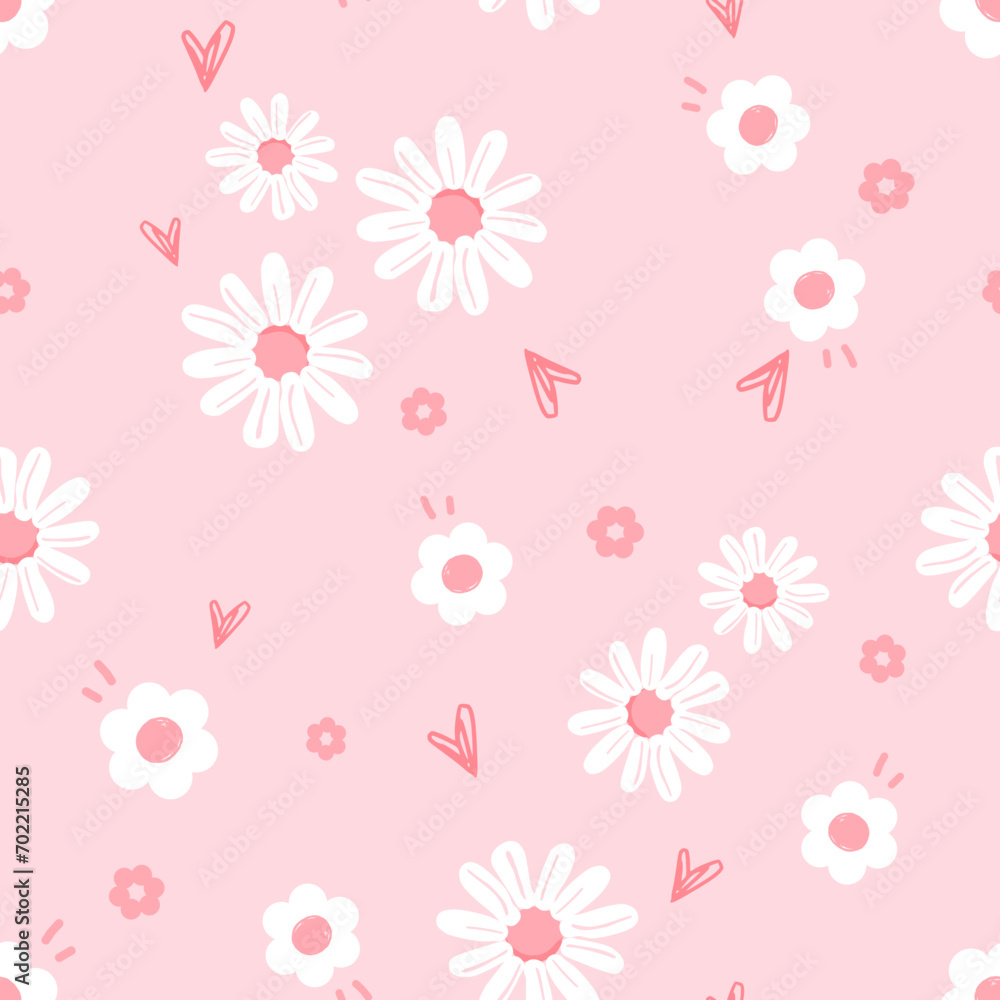 Seamless pattern with daisy flower, heart and leaf on pink background vector.