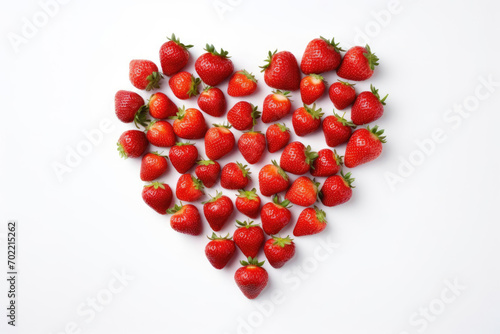 Creative background made of red strawberries in the shape of heart, top view on white