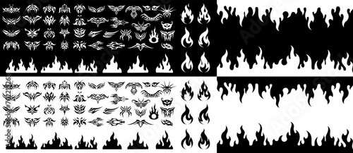 Black fire flames in tribal style for tattoo and vehicle decoration design vector set illustration