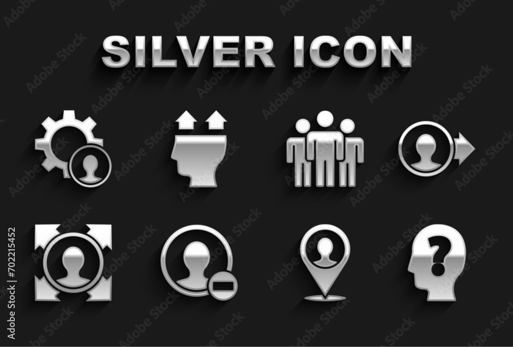 Set Create account screen, Head with question mark, Location person, hunting, Users group, and of man icon. Vector Set Create account screen, Head with question mark, Location person, hunting, Users group, and of man icon. Vector