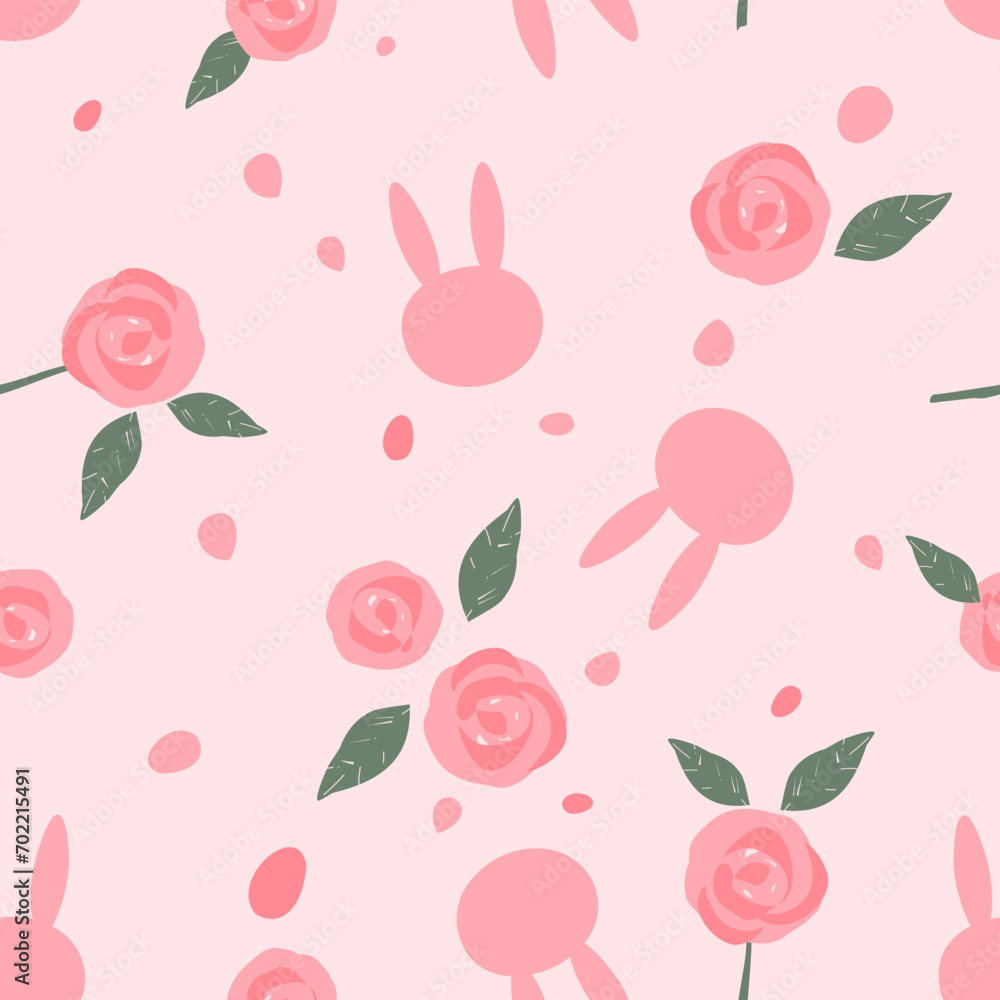 Seamless pattern with rose flower and bunny rabbit cartoon on pink background vector. Seamless pattern with rose flower and bunny rabbit cartoon on pink background vector.