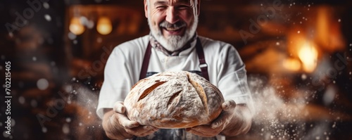 Baker is making in oven fresh sourdough bread with mess of flour, banner panorama. Generative Ai. photo