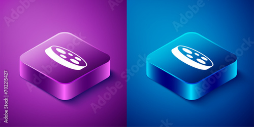 Isometric Petri dish with bacteria icon isolated on blue and purple background. Square button. Vector