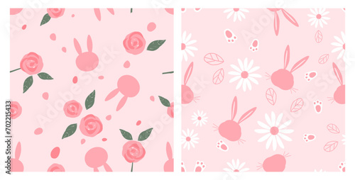 Seamless pattern with bunny rabbit cartoon, rose, green leaf and daisy flower on pink backgrounds vector. Cute childish print.