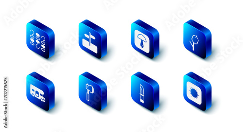 Set Road traffic sign, Mushroom, Marshmallow on stick, Sun, Knife, Wooden axe, RV motorhome vehicle and Grilled shish kebab skewer icon. Vector