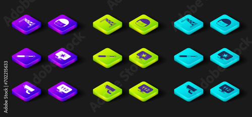 Set Security camera, Telephone call 112, Telescopic baton, Hexagram sheriff, Police helmet and Crime scene icon. Vector