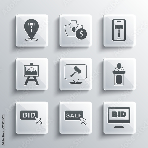 Set Price tag with Sale, Online auction, Auction auctioneer sells, hammer, Bid, painting,  and  icon. Vector