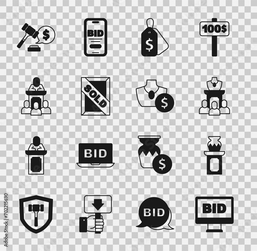 Set Online auction, Auction ancient vase, jewelry sale, Price tag with Sale, painting sold, auctioneer sells, hammer price and  icon. Vector