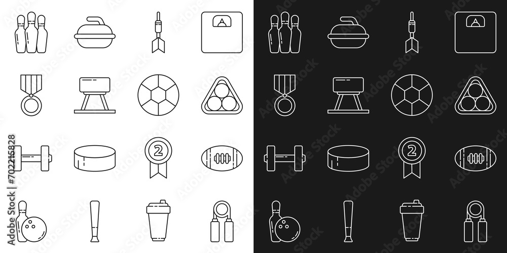Set line Sport expander, American Football ball, Billiard balls in rack triangle, Dart arrow, Pommel horse, Medal, Bowling pin and  icon. Vector
