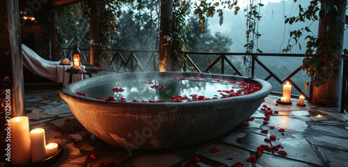  A luxurious outdoor bath adorned with rose petals and surrounded by candles at sunset.