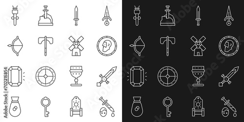 Set line Sword with blood, Medieval sword, Ancient coin, axe, bow and arrow, Torch flame and Windmill icon. Vector