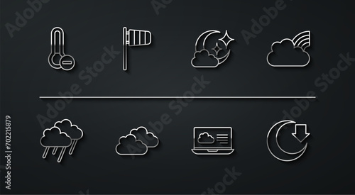 Set line Meteorology thermometer, Cloud with rain, Rainbow clouds, Weather forecast, Cone windsock wind vane, Moon and moon icon. Vector