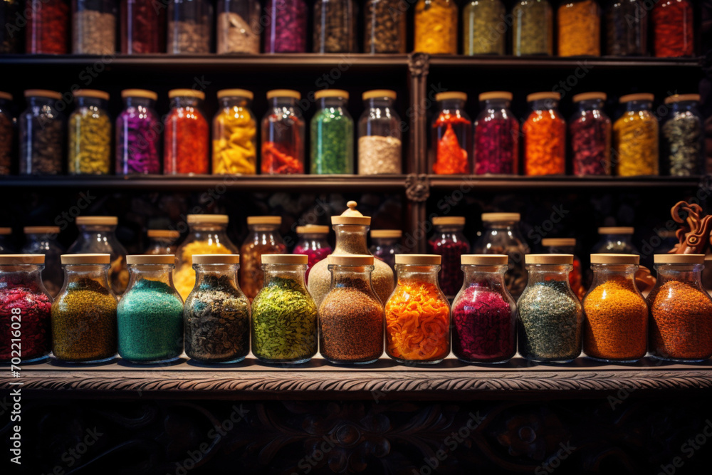 A vivid panorama showcasing the colourful hues and complex surfaces of spices placed aesthetically in crystal jars at a spice shop