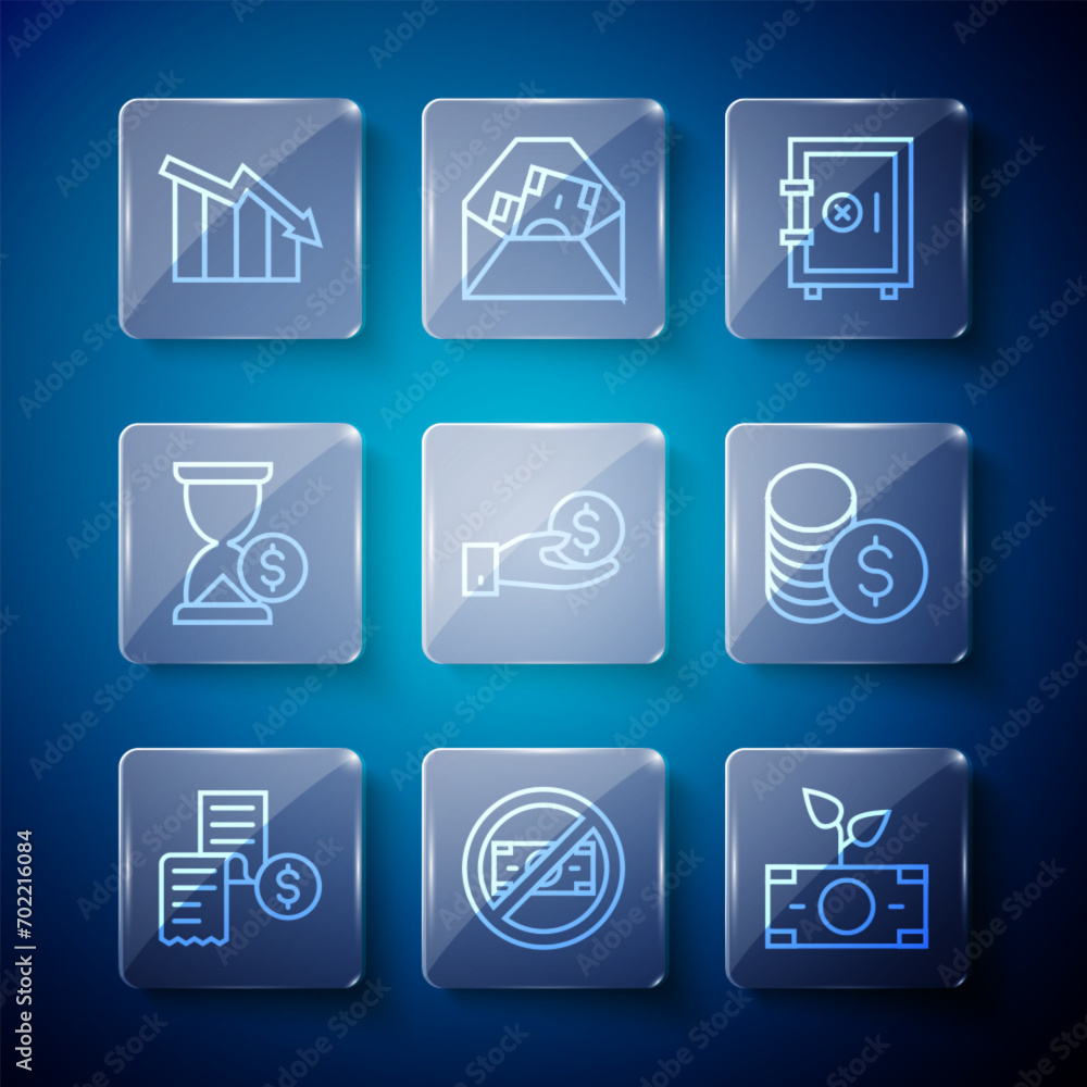 Set line Paper or financial check, No money, Money plant the pot, Safe, Hand giving, Hourglass with dollar, Financial growth decrease and Coin icon. Vector Set line Paper or financial check, No money, Money plant the pot, Safe, Hand giving, Hourglass with dollar, Financial growth decrease and Coin icon. Vector