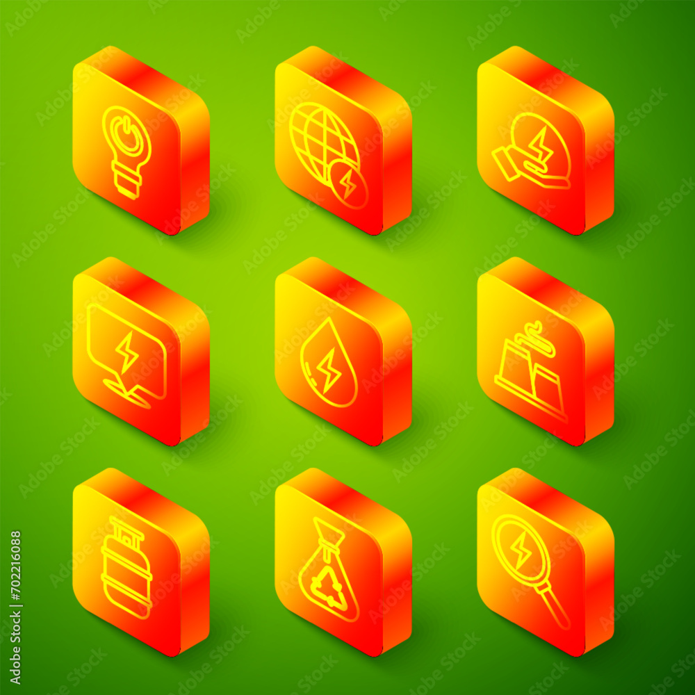 Set line Light bulb with lightning, Global energy power planet, Lightning bolt, Water, Factory, Propane gas tank and Garbage bag recycle icon. Vector Set line Light bulb with lightning, Global energy power planet, Lightning bolt, Water, Factory, Propane gas tank and Garbage bag recycle icon. Vector
