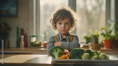 Little boy refuses to eat vegetables Little boy who is dissatisfied with giving healthy vegetables to children photo