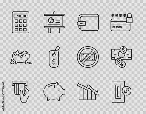 Set line Credit card inserted, Inserting coin, Wallet, Piggy bank, Calculator, Price tag with dollar, Financial growth decrease and Stacks paper money cash icon. Vector