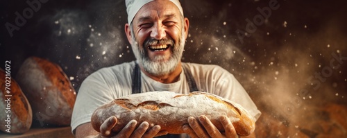 Baker is making in oven fresh sourdough bread with mess of flour, banner panorama. Generative Ai.