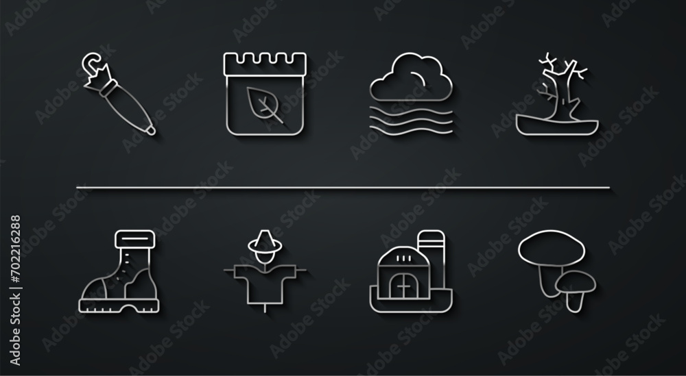 Set line Umbrella, Waterproof rubber boot, Bare tree, Farm house, Scarecrow, Calendar with autumn leaves, Mushroom and Windy weather icon. Vector Set line Umbrella, Waterproof rubber boot, Bare tree, Farm house, Scarecrow, Calendar with autumn leaves, Mushroom and Windy weather icon. Vector