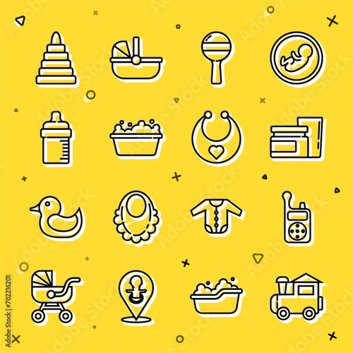 Set line Toy train, Baby Monitor Walkie Talkie, food, Rattle baby toy, bathtub, bottle, Pyramid and bib icon. Vector