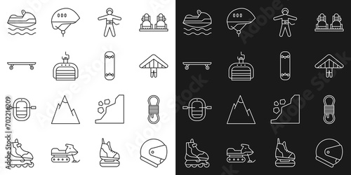 Set line Helmet, Climber rope, Hang glider, Bungee jumping, Ski lift, Longboard or skateboard, Jet ski and Skateboard trick icon. Vector