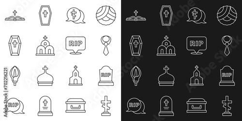 Set line Grave with cross, Tombstone RIP written, Tie, Church building, Coffin, Holy bible book and Speech bubble rip death icon. Vector