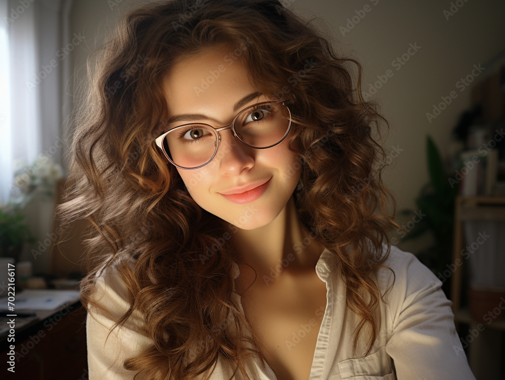 Portrait of gorgeous young European female with long wavy hair and beautiful features wearing stylish eyeglasses posing at loft space at window and looking at camera with serious expression