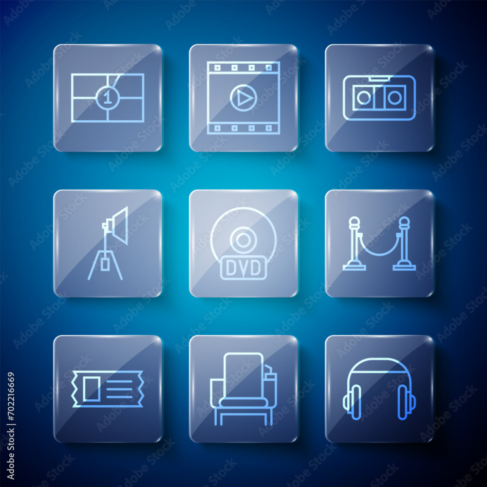Set line Cinema ticket, chair, Headphones, VHS video cassette tape, CD or DVD disk, Movie spotlight, Old film movie countdown frame and Rope barrier icon. Vector Set line Cinema ticket, chair, Headphones, VHS video cassette tape, CD or DVD disk, Movie spotlight, Old film movie countdown frame and Rope barrier icon. Vector