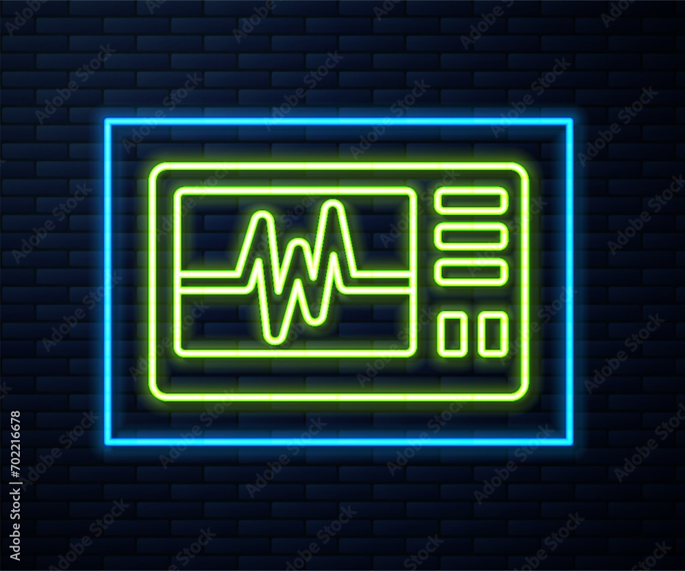 Glowing neon line Computer monitor with cardiogram icon isolated on brick wall background. Monitoring icon. ECG monitor with heart beat hand drawn. Vector Glowing neon line Computer monitor with cardiogram icon isolated on brick wall background. Monitoring icon. ECG monitor with heart beat hand drawn. Vector