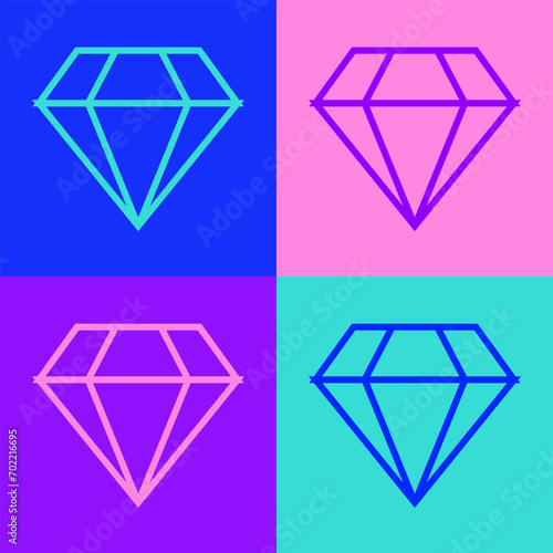 Pop art line Diamond icon isolated on color background. Jewelry symbol. Gem stone.  Vector