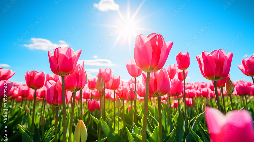 チューリップ畑に咲くピンクのチューリップの花と空の風景