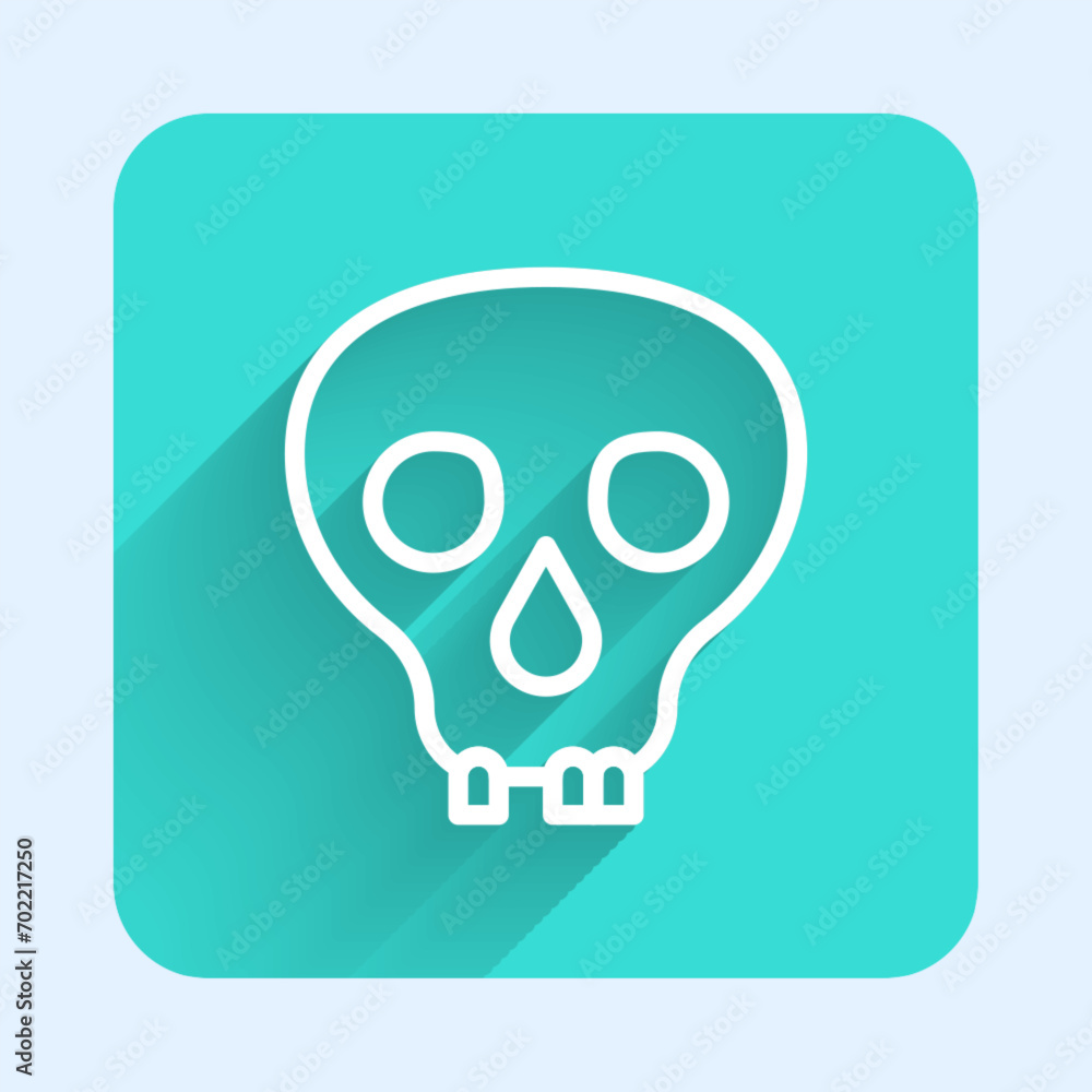 White line Skull icon isolated with long shadow background. Happy Halloween party. Green square button. Vector White line Skull icon isolated with long shadow background. Happy Halloween party. Green square button. Vector