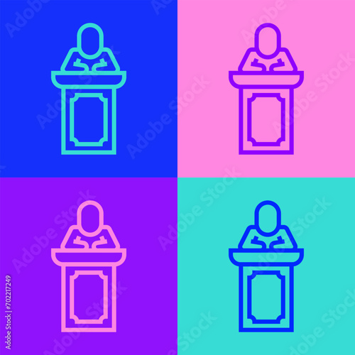 Pop art line Auction auctioneer sells icon isolated on color background. Auction business, bid and sale.  Vector