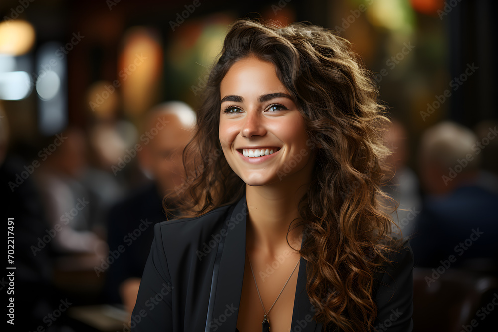 Portrait of a beautiful young woman with curly hair in a restaurant Portrait of a beautiful young woman with curly hair in a restaurant