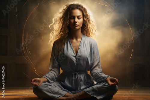 Woman practice meditation with Tibetan singing bowls in front of brown background photo