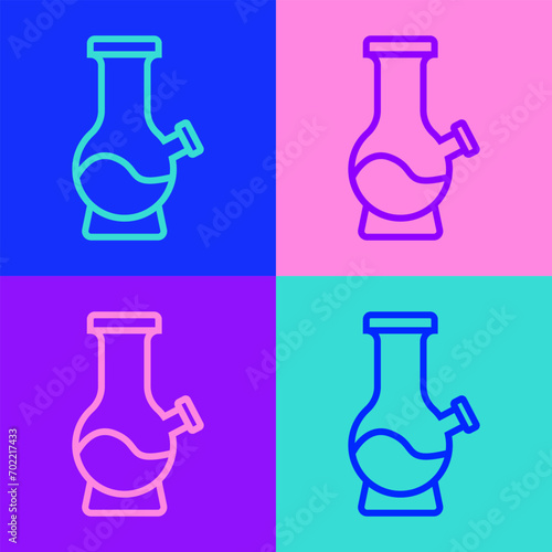 Pop art line Glass bong for smoking marijuana or cannabis icon isolated on color background.  Vector