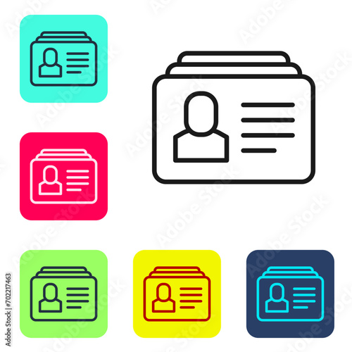 Black line Resume icon isolated on white background. CV application. Searching professional staff. Analyzing personnel resume. Set icons in color square buttons. Vector