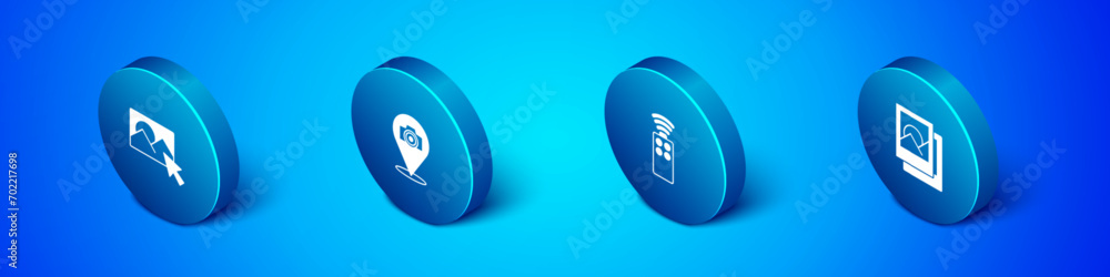 Set Isometric Photo retouching, Remote control for camera, frame and  icon. Vector