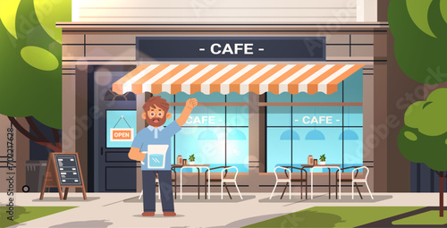 Small business owner near his cafe building. Man warmly invites to his cafe. Cartoon vector illustration