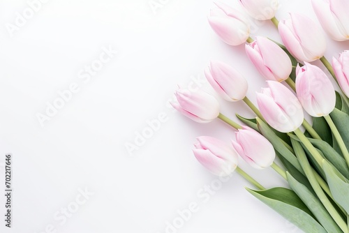 beautiful tulips white and pink on white background, flat lay and copy space - generative ai