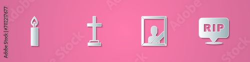 Set paper cut Burning candle, Grave with cross, Mourning photo frame and Speech bubble rip death icon. Paper art style. Vector
