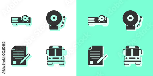Set School Bus, Movie, film, media projector, Exam sheet and pencil and Ringing alarm bell icon. Vector